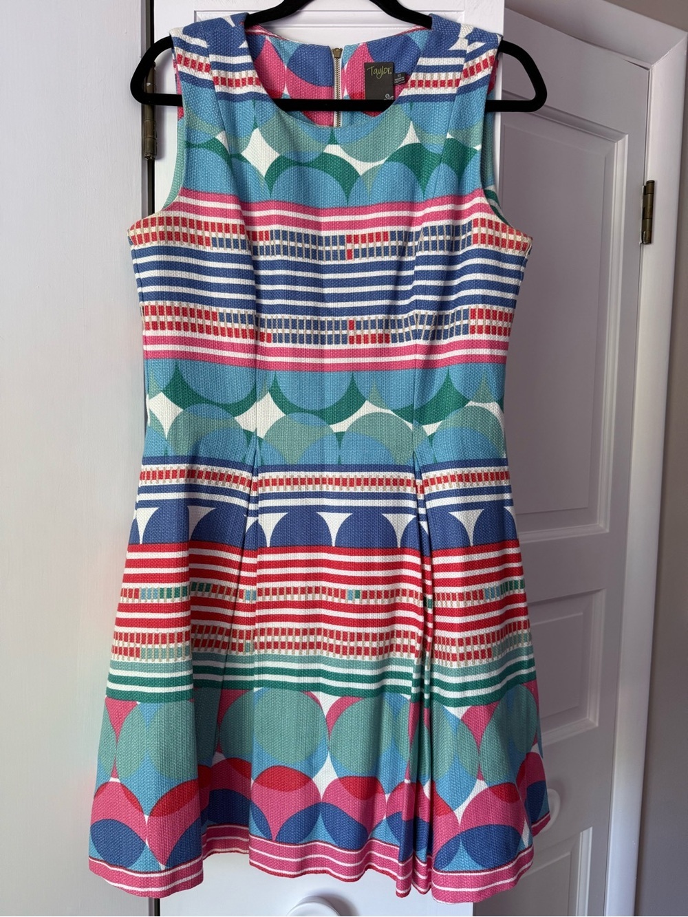 Taylor Colorful Geometric Fit & Flare Dress Size 10 Textured Cotton Blend